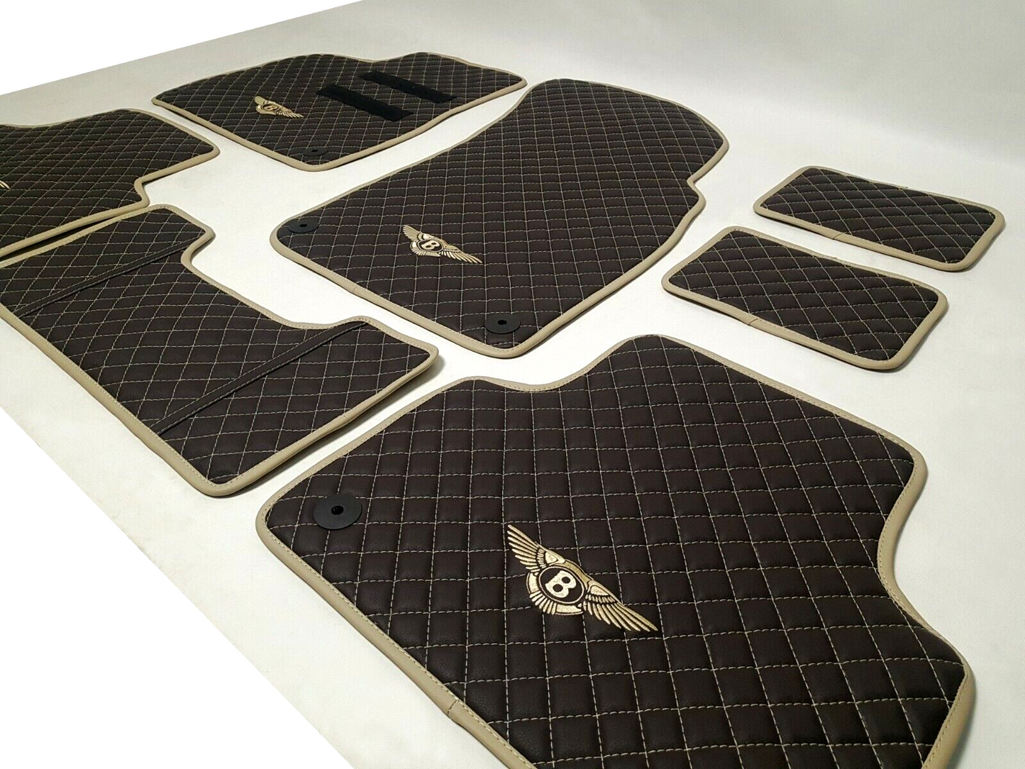 Floor Mats Eco Brown Leather White Embroidery made for Bentley Bentayga